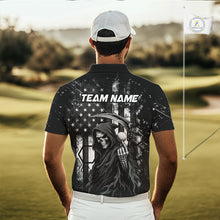 Load image into Gallery viewer, Golfer wearing custom black and white American flag skull reaper golf polo shirt on the course - back view