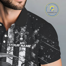 Load image into Gallery viewer, Close-up of black and white American flag skull reaper print on mens golf polo