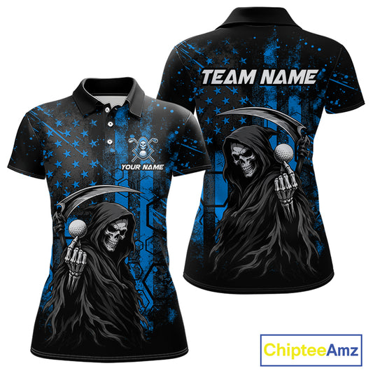 Custom Black And Blue American Flag Skull Reaper Womens Golf Polo Shirt, Team Golf Shirts NBT882