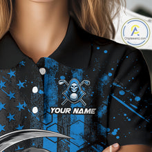 Load image into Gallery viewer, Custom Black And Blue American Flag Skull Reaper Womens Golf Polo Shirt, Team Golf Shirts NBT882