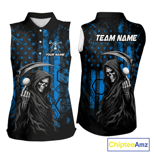 Custom Black And Blue American Flag Skull Reaper Womens Sleeveless Golf Polo Shirt, Team Golf Shirts NBT882