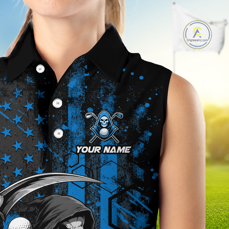 Custom Black And Blue American Flag Skull Reaper Womens Sleeveless Golf Polo Shirt, Team Golf Shirts NBT882