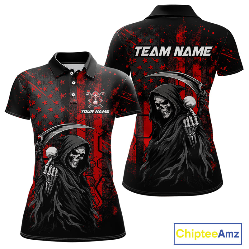 Custom Black And Red American Flag Skull Reaper Womens Golf Polo Shirt, Team Golf Shirts NBT883