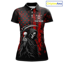 Load image into Gallery viewer, Custom Black And Red American Flag Skull Reaper Womens Golf Polo Shirt, Team Golf Shirts NBT883