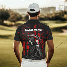 Load image into Gallery viewer, Golfer wearing custom black and red American flag skull reaper golf polo shirt on the course - back view