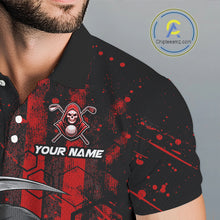 Load image into Gallery viewer, Close-up of black and red American flag skull reaper print on mens golf polo