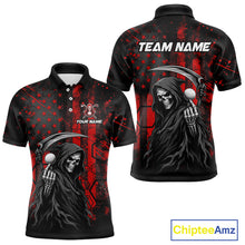 Load image into Gallery viewer, Front and back view of custom black and red American flag skull reaper mens golf polo shirt with personalized name
