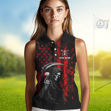Load image into Gallery viewer, Custom Black And Red American Flag Skull Reaper Womens Sleeveless Golf Polo Shirt, Team Golf Shirts NBT883