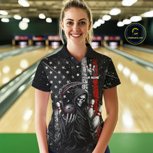 Load image into Gallery viewer, Bowler wearing American flag Grim Reaper bowling polo shirt on the lanes