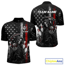 Load image into Gallery viewer, American Flag Custom Grim Reaper Bowling Quarter Zip Shirts For Men, Halloween Skull Bowling Shirt NBT884