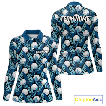 Custom Black Blue Tropical Golf Ball Pattern Womens Polo Golf Shirts, Golf Gifts For Team NBT964
