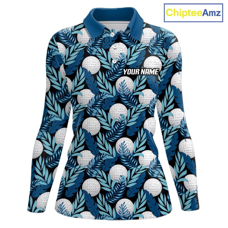 Custom Black Blue Tropical Golf Ball Pattern Womens Polo Golf Shirts, Golf Gifts For Team NBT964