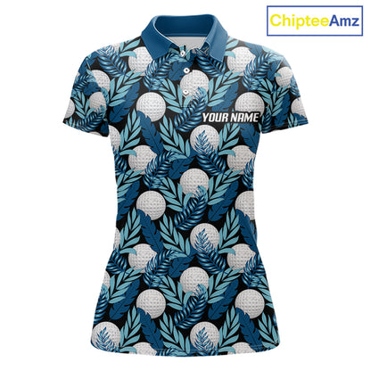 Custom Black Blue Tropical Golf Ball Pattern Womens Polo Golf Shirts, Golf Gifts For Team NBT964