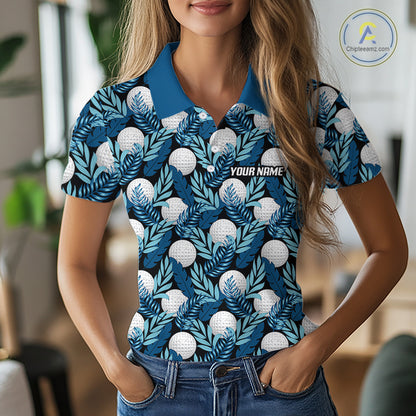 Custom Black Blue Tropical Golf Ball Pattern Womens Polo Golf Shirts, Golf Gifts For Team NBT964
