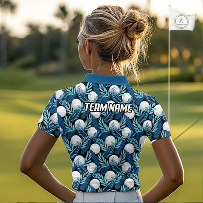 Custom Black Blue Tropical Golf Ball Pattern Womens Polo Golf Shirts, Golf Gifts For Team NBT964