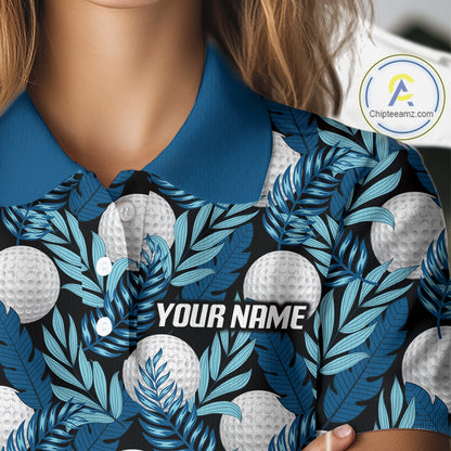 Custom Black Blue Tropical Golf Ball Pattern Womens Polo Golf Shirts, Golf Gifts For Team NBT964