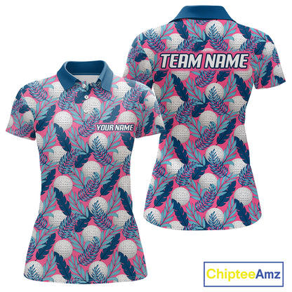 Custom Pink Blue Tropical Golf Ball Pattern Womens Polo Golf Shirts, Golf Gifts For Team NBT965