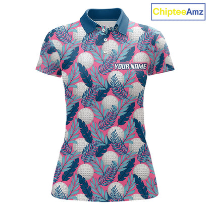 Custom Pink Blue Tropical Golf Ball Pattern Womens Polo Golf Shirts, Golf Gifts For Team NBT965