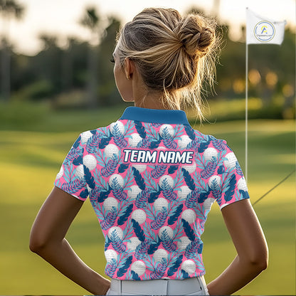 Custom Pink Blue Tropical Golf Ball Pattern Womens Polo Golf Shirts, Golf Gifts For Team NBT965
