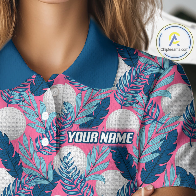 Custom Pink Blue Tropical Golf Ball Pattern Womens Polo Golf Shirts, Golf Gifts For Team NBT965