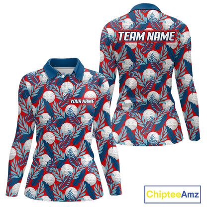 Custom Red Blue Tropical Golf Ball Pattern Womens Polo Golf Shirts, Golf Gifts For Team NBT966