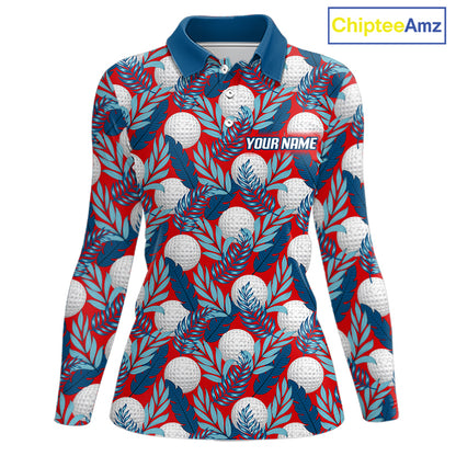 Custom Red Blue Tropical Golf Ball Pattern Womens Polo Golf Shirts, Golf Gifts For Team NBT966