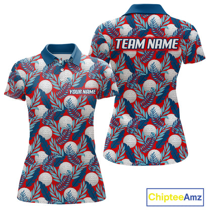 Custom Red Blue Tropical Golf Ball Pattern Womens Polo Golf Shirts, Golf Gifts For Team NBT966