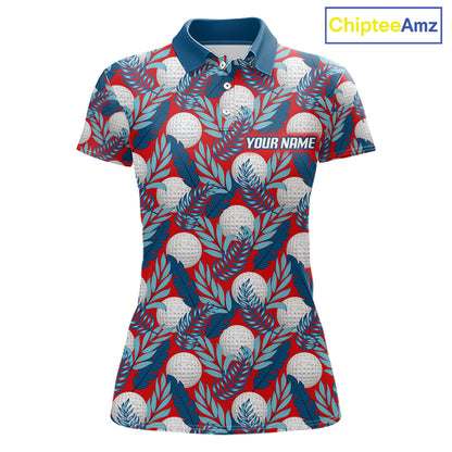 Custom Red Blue Tropical Golf Ball Pattern Womens Polo Golf Shirts, Golf Gifts For Team NBT966