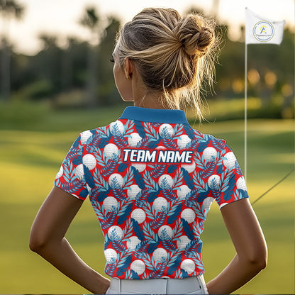 Custom Red Blue Tropical Golf Ball Pattern Womens Polo Golf Shirts, Golf Gifts For Team NBT966