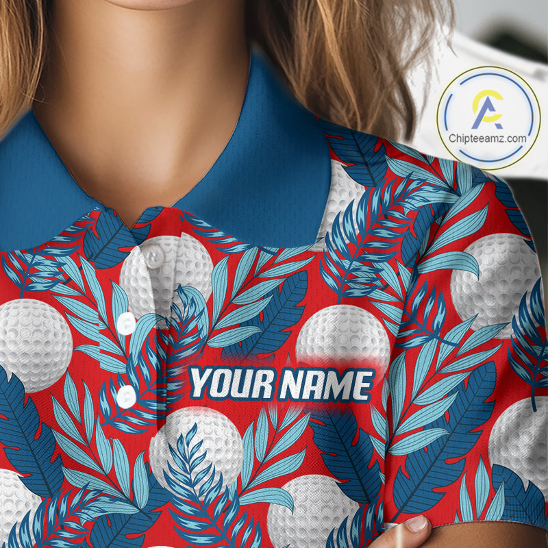 Custom Red Blue Tropical Golf Ball Pattern Womens Polo Golf Shirts, Golf Gifts For Team NBT966