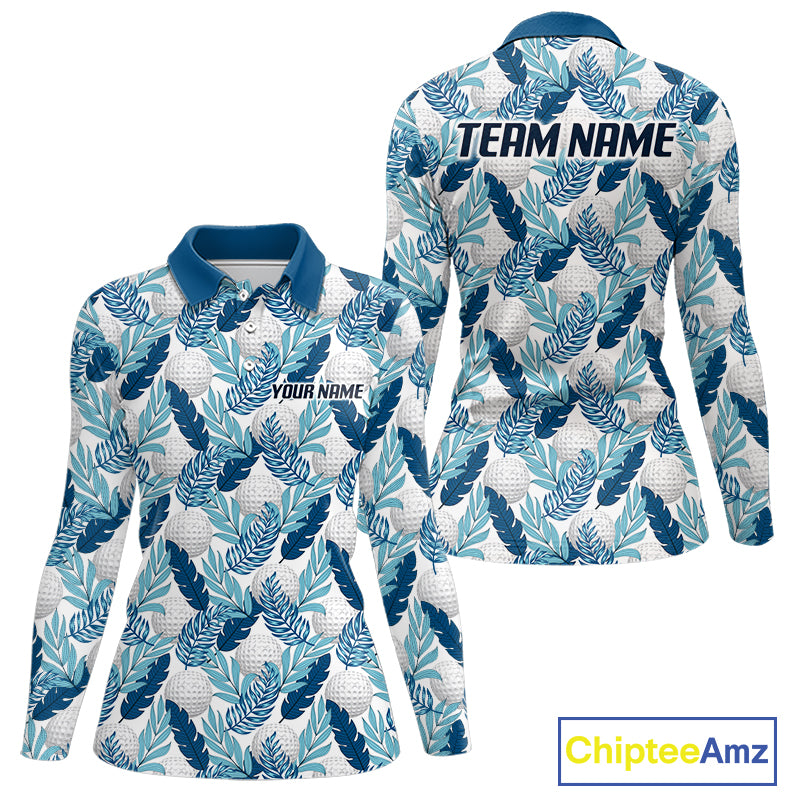 Custom White Blue Tropical Golf Ball Pattern Womens Polo Golf Shirts, Golf Gifts For Team NBT967