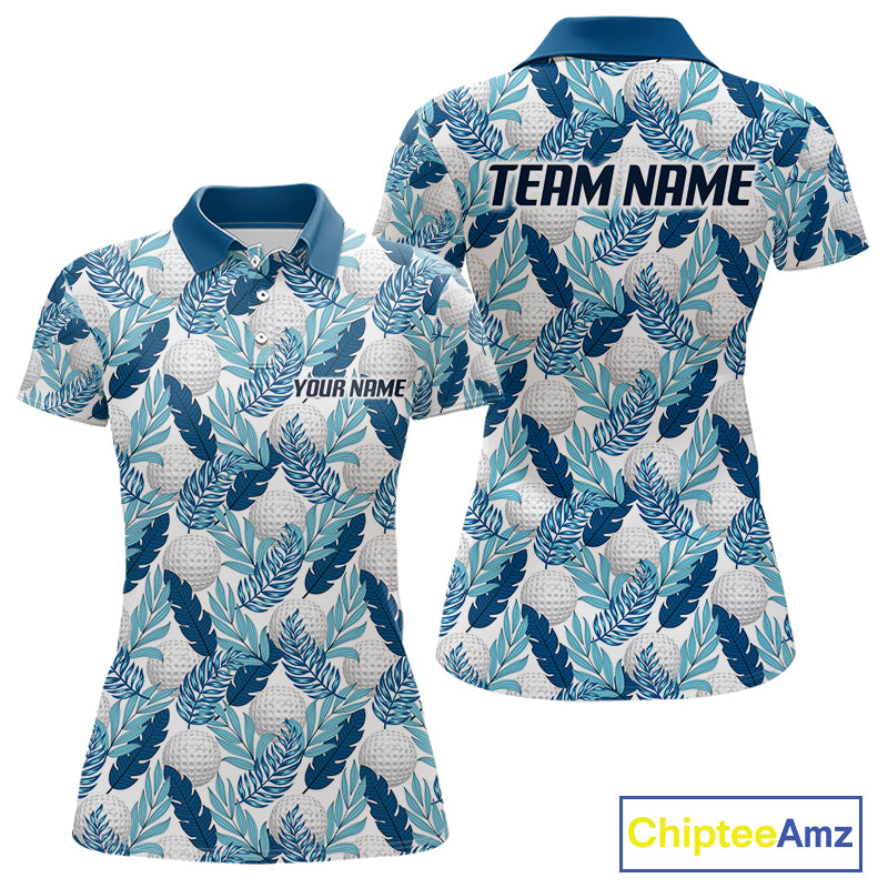 Custom White Blue Tropical Golf Ball Pattern Womens Polo Golf Shirts, Golf Gifts For Team NBT967