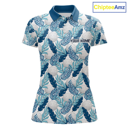 Custom White Blue Tropical Golf Ball Pattern Womens Polo Golf Shirts, Golf Gifts For Team NBT967