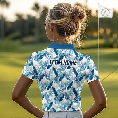 Custom White Blue Tropical Golf Ball Pattern Womens Polo Golf Shirts, Golf Gifts For Team NBT967