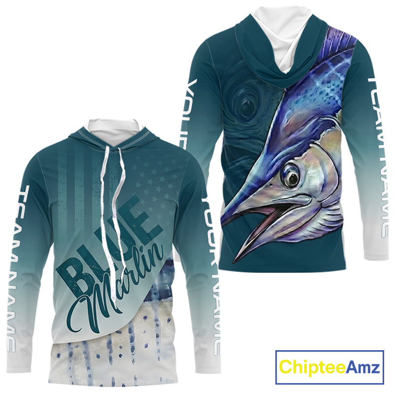 Front and back view of American Flag Marlin patriotic hooded fishing jersey with personalized name on sleeves