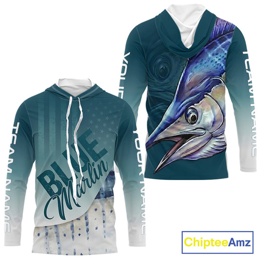 Front and back view of American Flag Marlin patriotic hooded fishing jersey with personalized name on sleeves