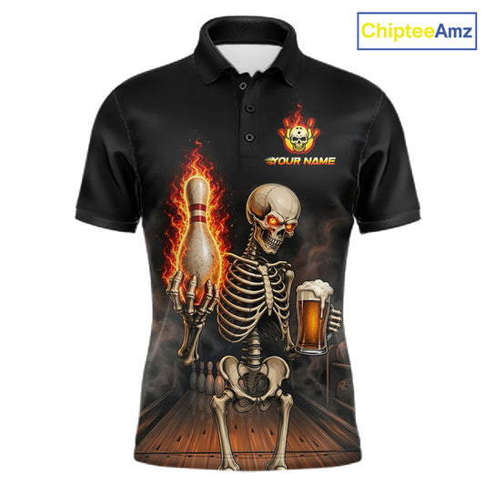 Front view of black and orange fire flame beer skull bowling team polo shirt for men