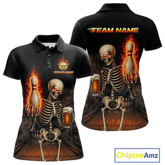 Front and back view of black and orange fire flame beer skull bowling team polo shirt for women