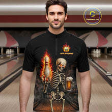 Load image into Gallery viewer, Black &amp; Orange Fire Flame Beer Skull Bowling Shirts For Men Custom Skull Team Bowling Jerseys NBT885