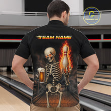 Load image into Gallery viewer, Black &amp; Orange Fire Flame Beer Skull Bowling Shirts For Men Custom Skull Team Bowling Jerseys NBT885