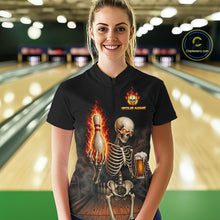 Load image into Gallery viewer, Bowler wearing black and orange fire flame beer skull 1/4 quarter zip bowling shirt on the lanes