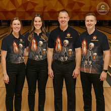 Load image into Gallery viewer, Bowling team wearing matching black and orange fire flame beer skull custom jerseys
