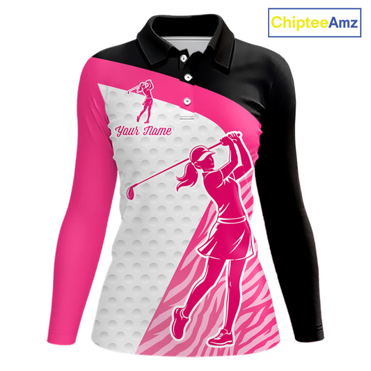 Pink Zebra Pattern Womens Golf Polo Shirts Custom Name Gift For Golf Lovers NBT580