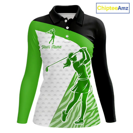 Green Zebra Pattern Womens Golf Polo Shirts Custom Name Gift For Golf Lovers NBT581