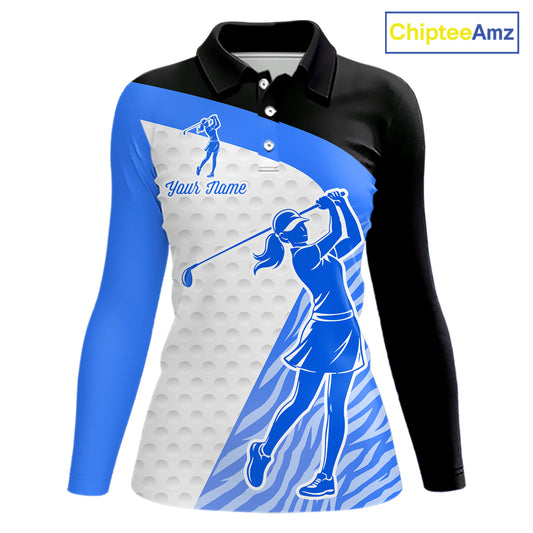 Blue Zebra Pattern Womens Golf Polo Shirts Custom Name Gift For Golf Lovers NBT582