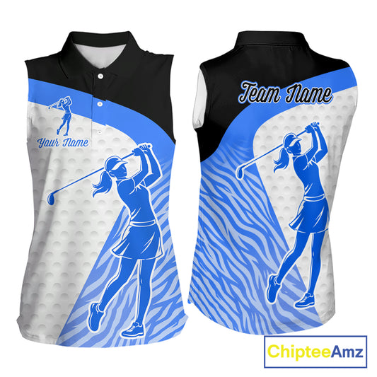 Blue Zebra Pattern Womens Sleeveless Golf Polo Shirts Custom Name Gift For Golf Lovers NBT582