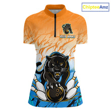 Load image into Gallery viewer, Front view of custom orange and blue leopard bowling quarter zip shirt for women