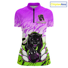 Load image into Gallery viewer, Front view of custom purple and green leopard bowling quarter zip shirt for women