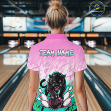 Load image into Gallery viewer, Bowler wearing custom pink and turquoise leopard bowling shirt on the lanes