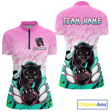 Load image into Gallery viewer, Front and back view of custom pink and turquoise leopard bowling quarter zip shirt for women